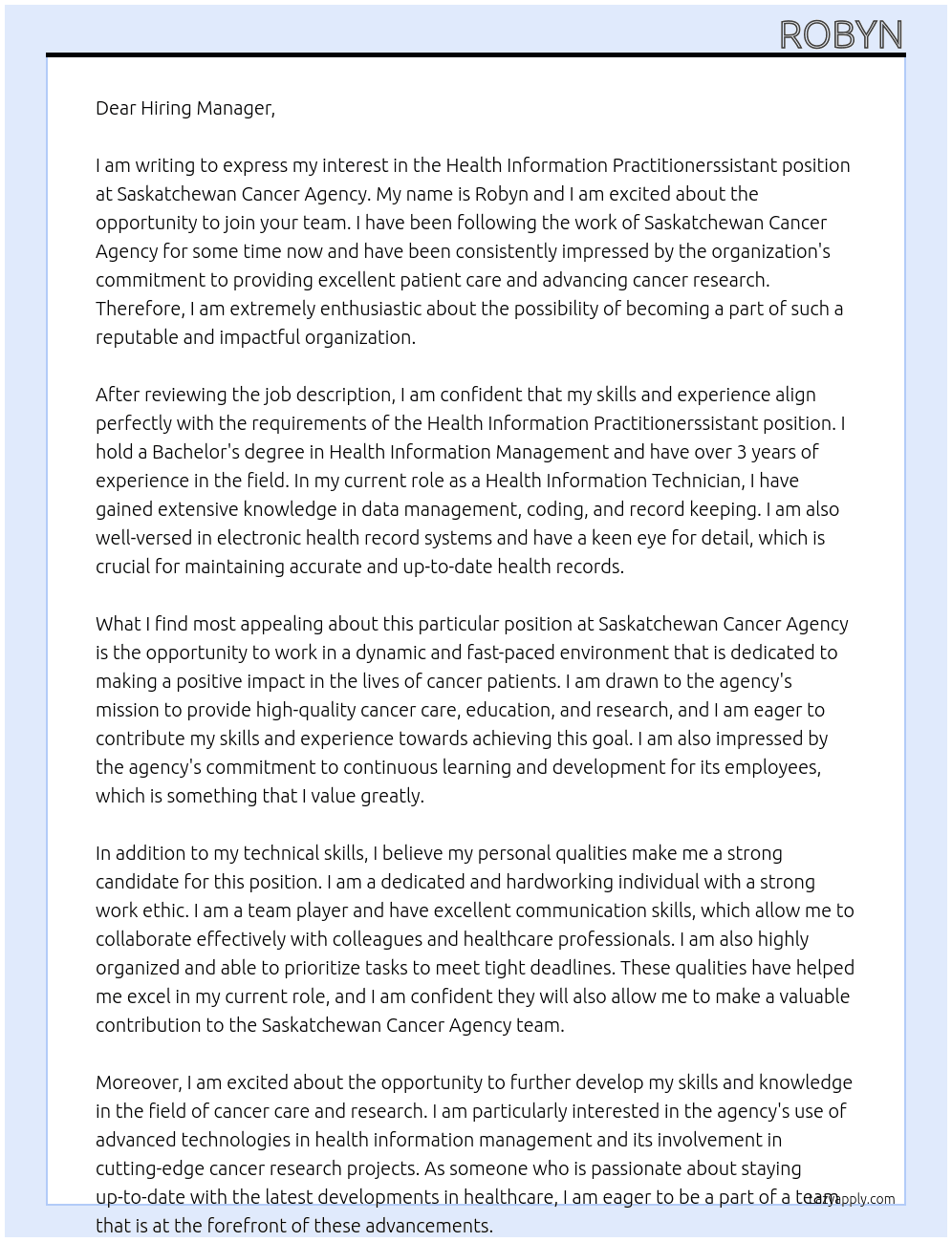 Health Information Practitionerssistant At Saskatchewan Cancer Agency Cover Letter