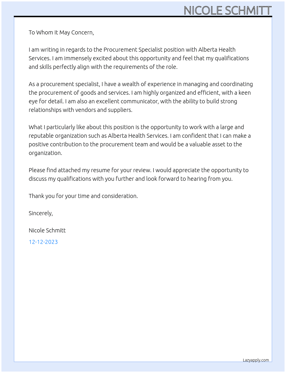 Procurement Specialist At Alberta Health Services Cover Letter
