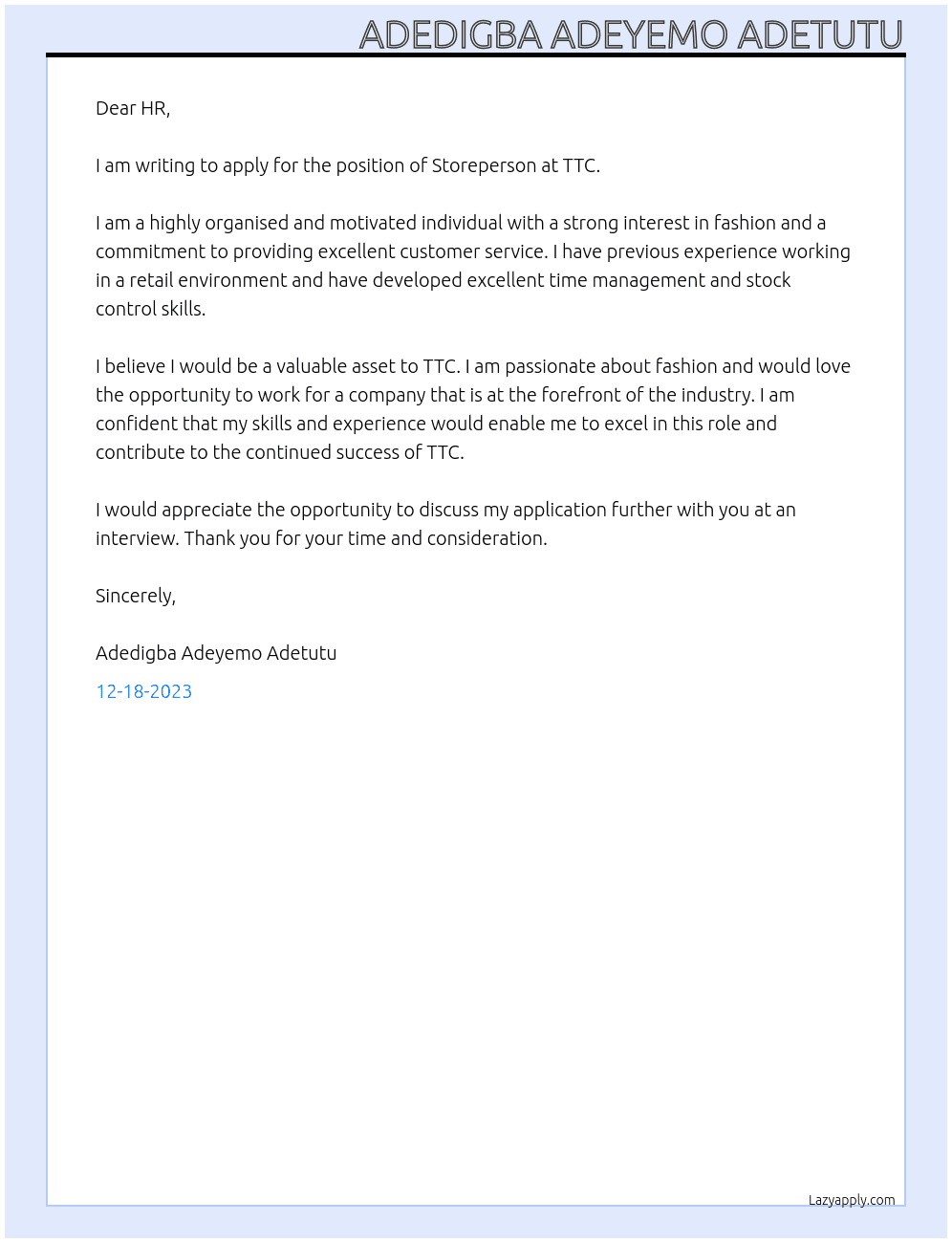 Storeperson At TTC Cover Letter