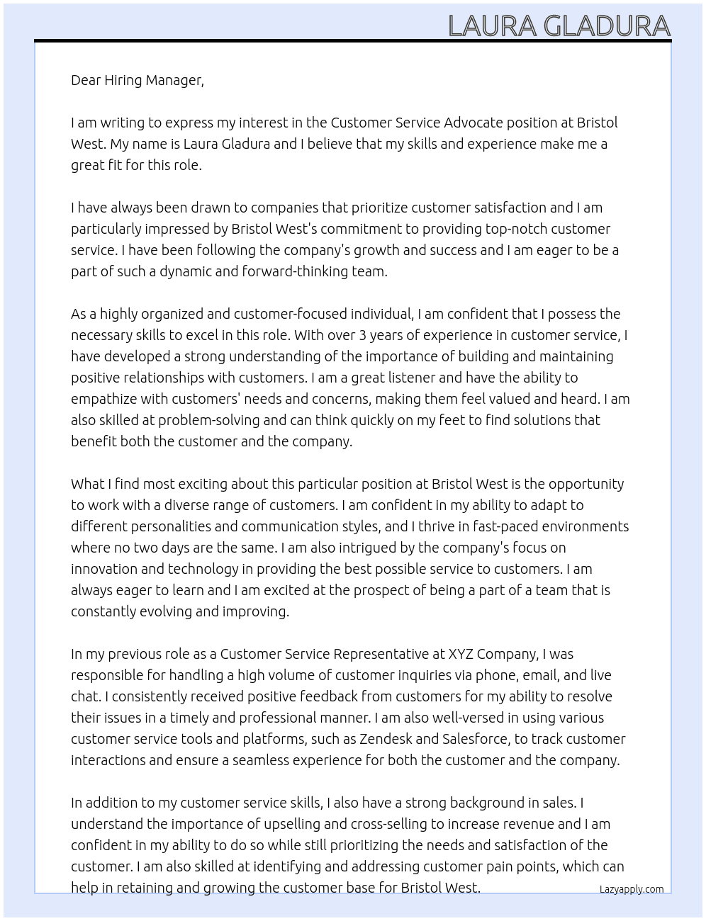 Customer Service Advocate At Bristol West Cover Letter