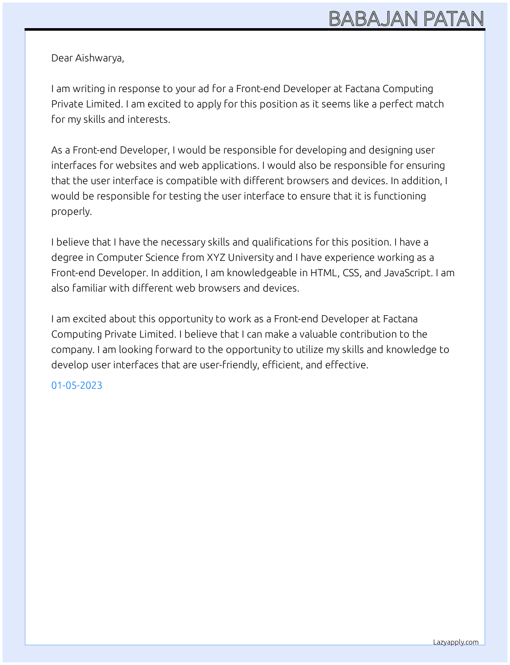 Front-end Developer At Factana Computing Private Limited Cover Letter
