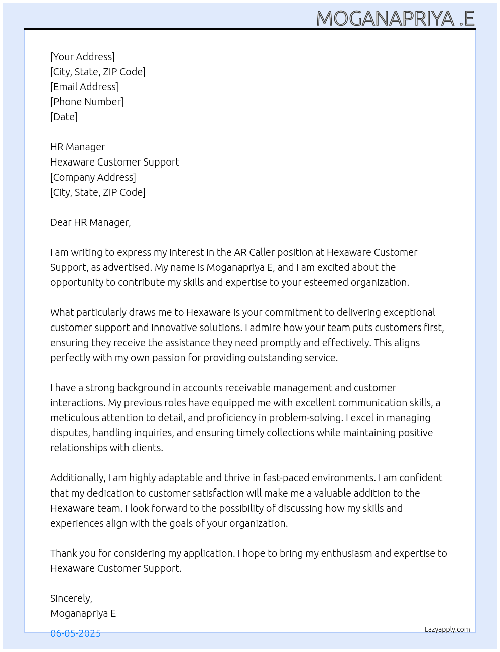 Cover letter for ar caller - LazyApply