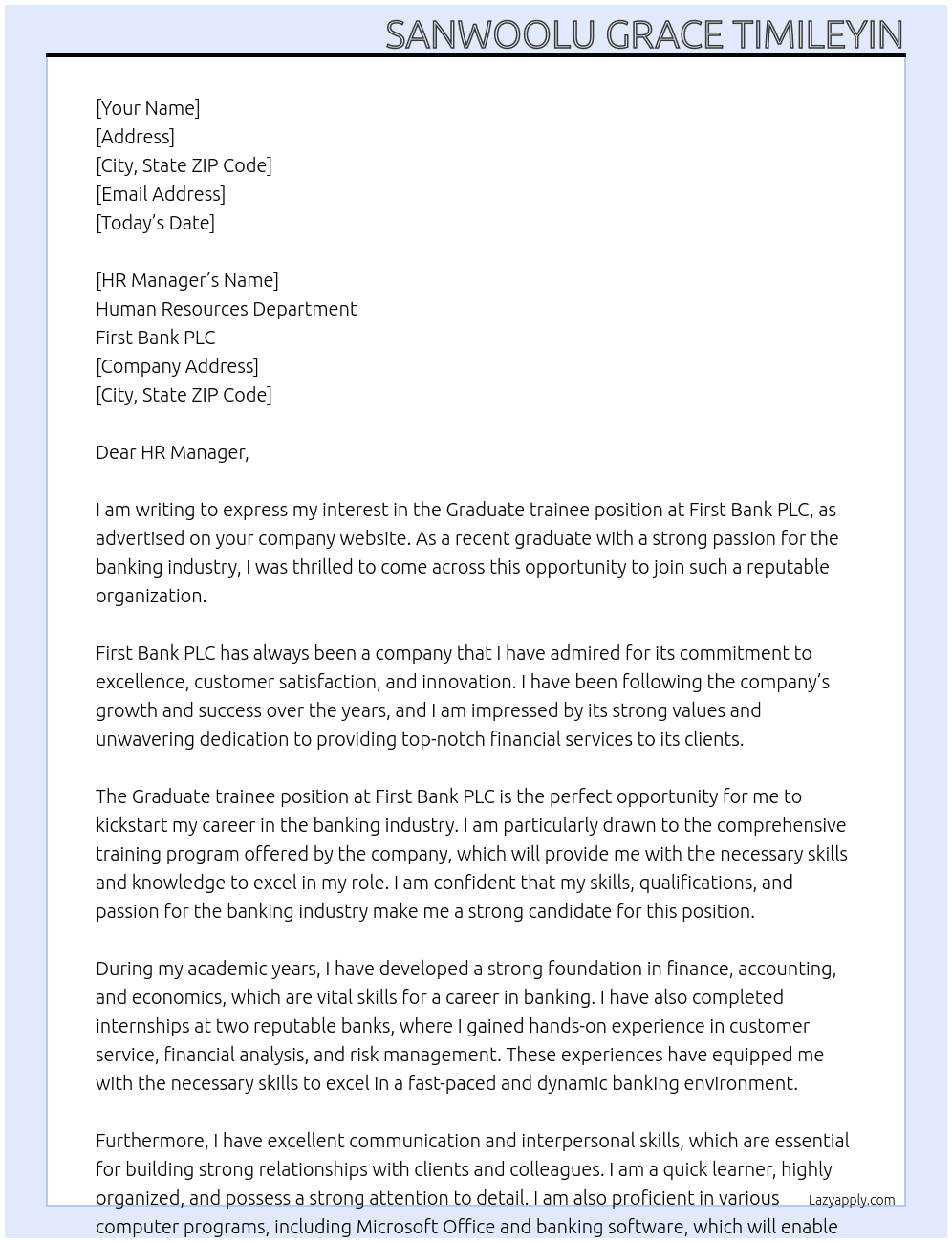 Graduate trainee At First Bank PLC. Cover Letter