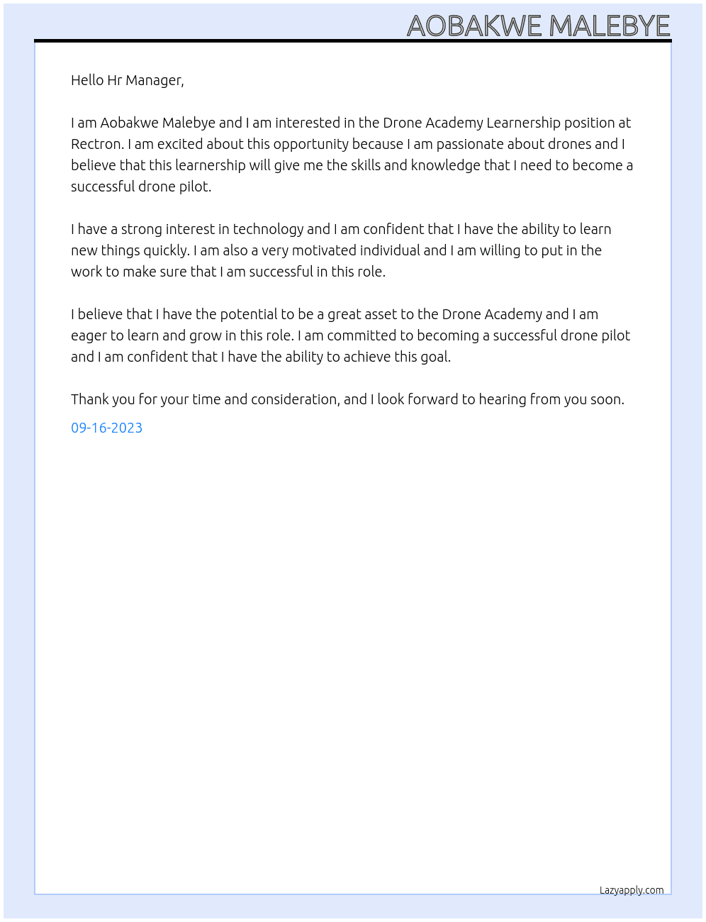 Drone Academy Learnership At Rectron Cover Letter