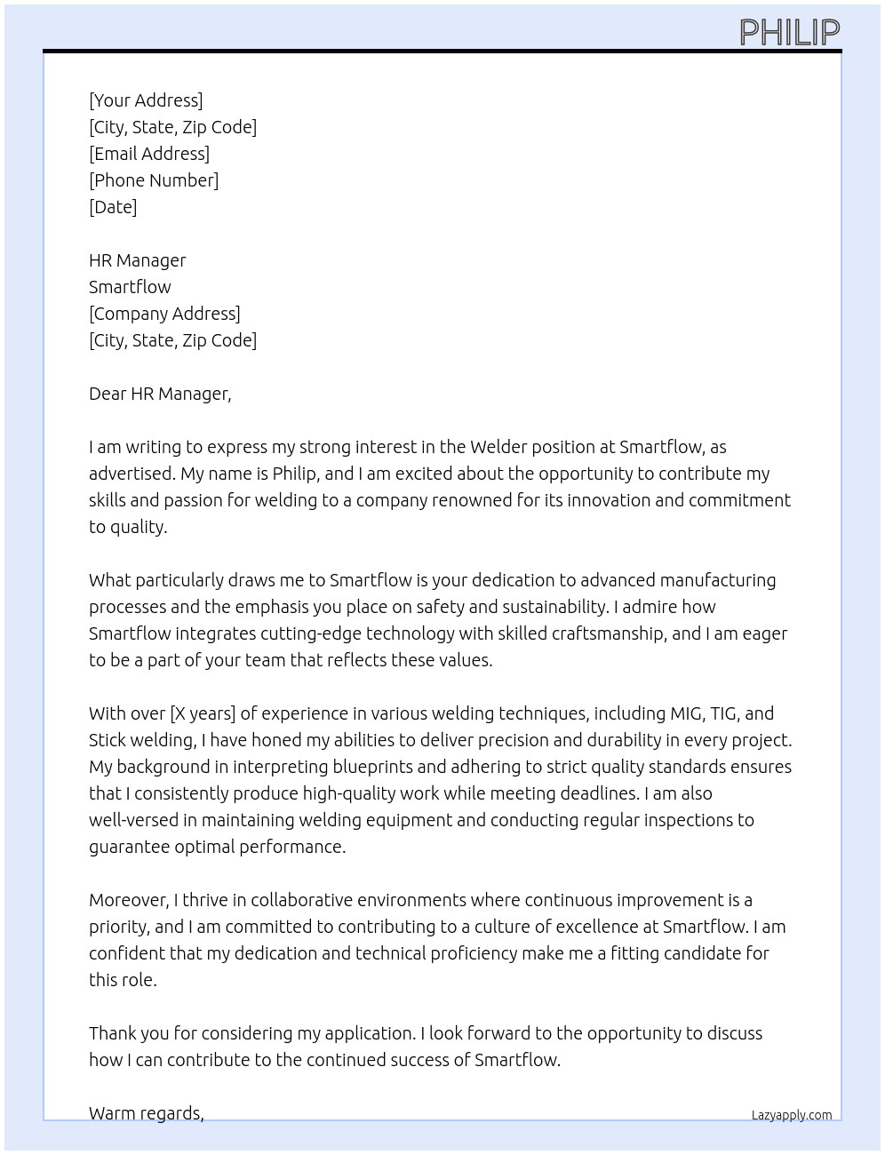 Welder  At Smartflow  Cover Letter
