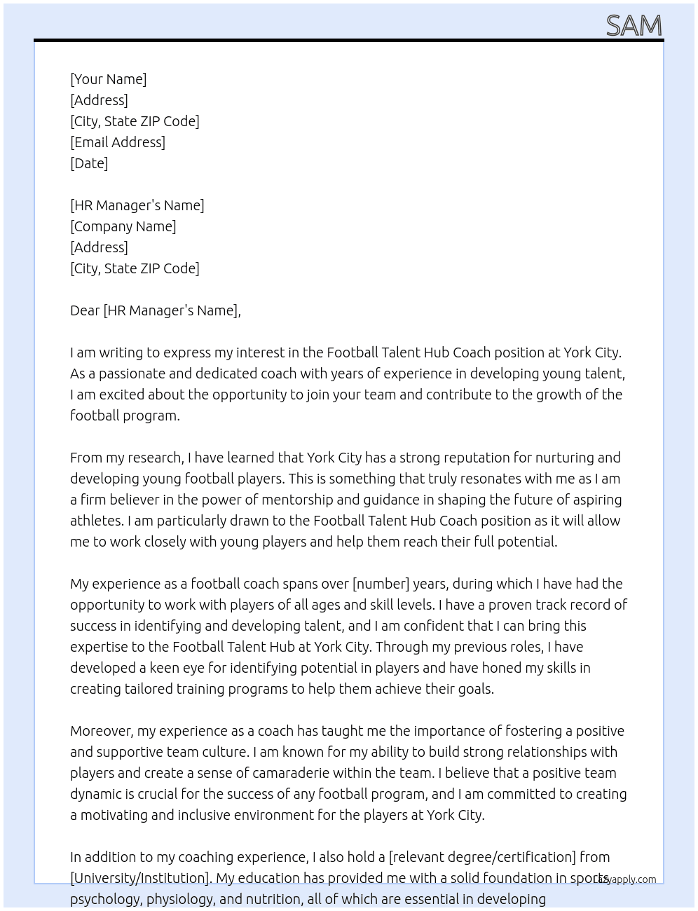 football talent hub coach At York City Cover Letter