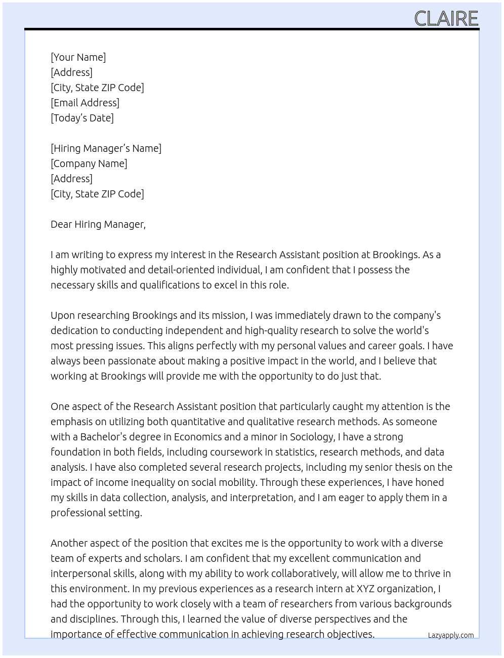 Research Assistant At Brookings Cover Letter