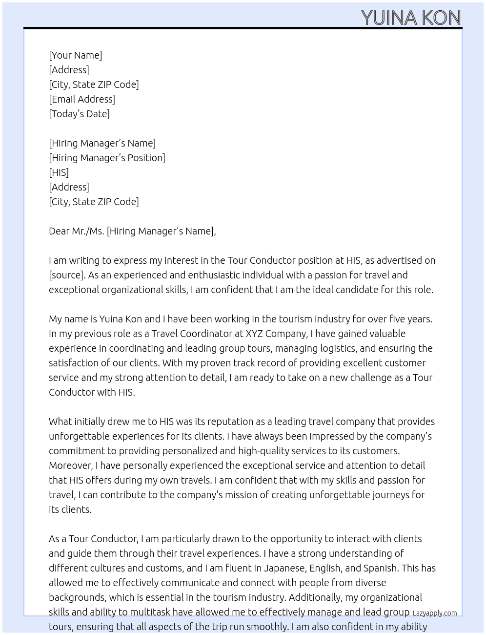 Tour Conductor At HIS Cover Letter