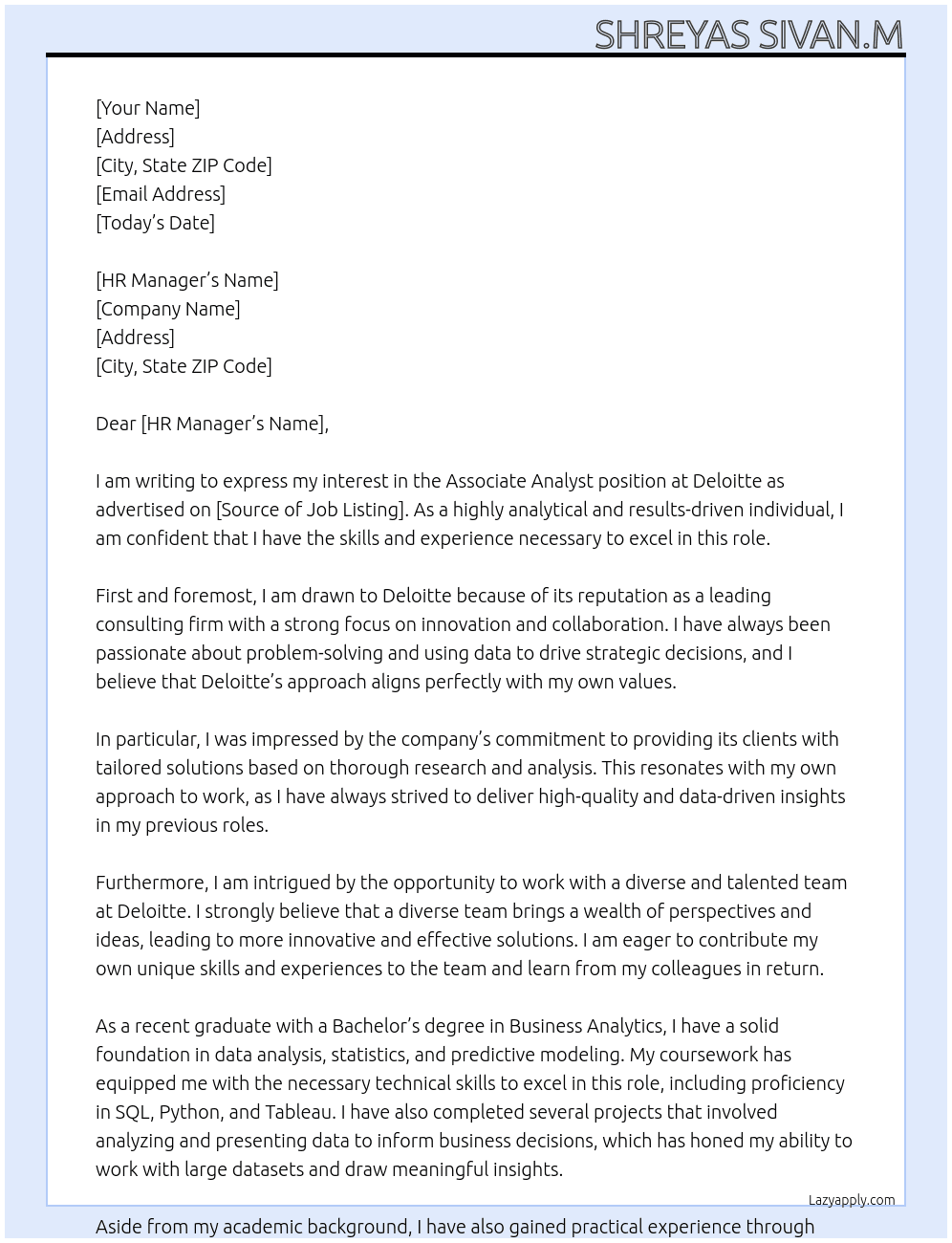 Cover letter for assosciate analyst - LazyApply