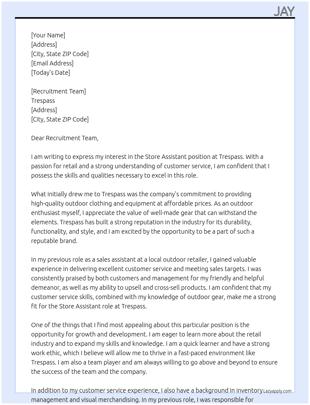 Store Assistant  At Trespass Cover Letter