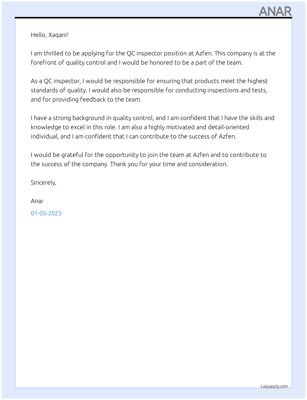QC inspector At Azfen Cover Letter