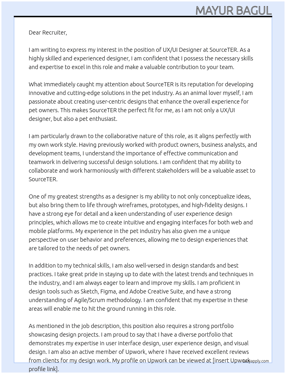 UX/UI Designer At SourceTER Cover Letter
