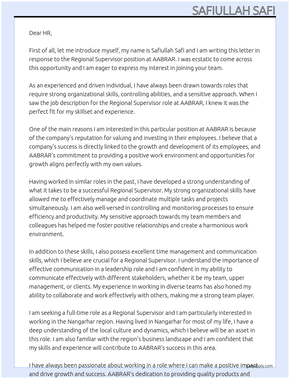 Regional Supervisor At AABRAR  Cover Letter