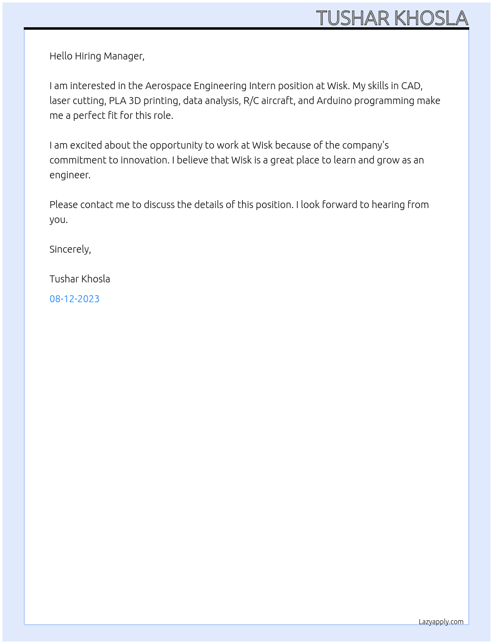 Aerospace Engineering Intern At Wisk Cover Letter
