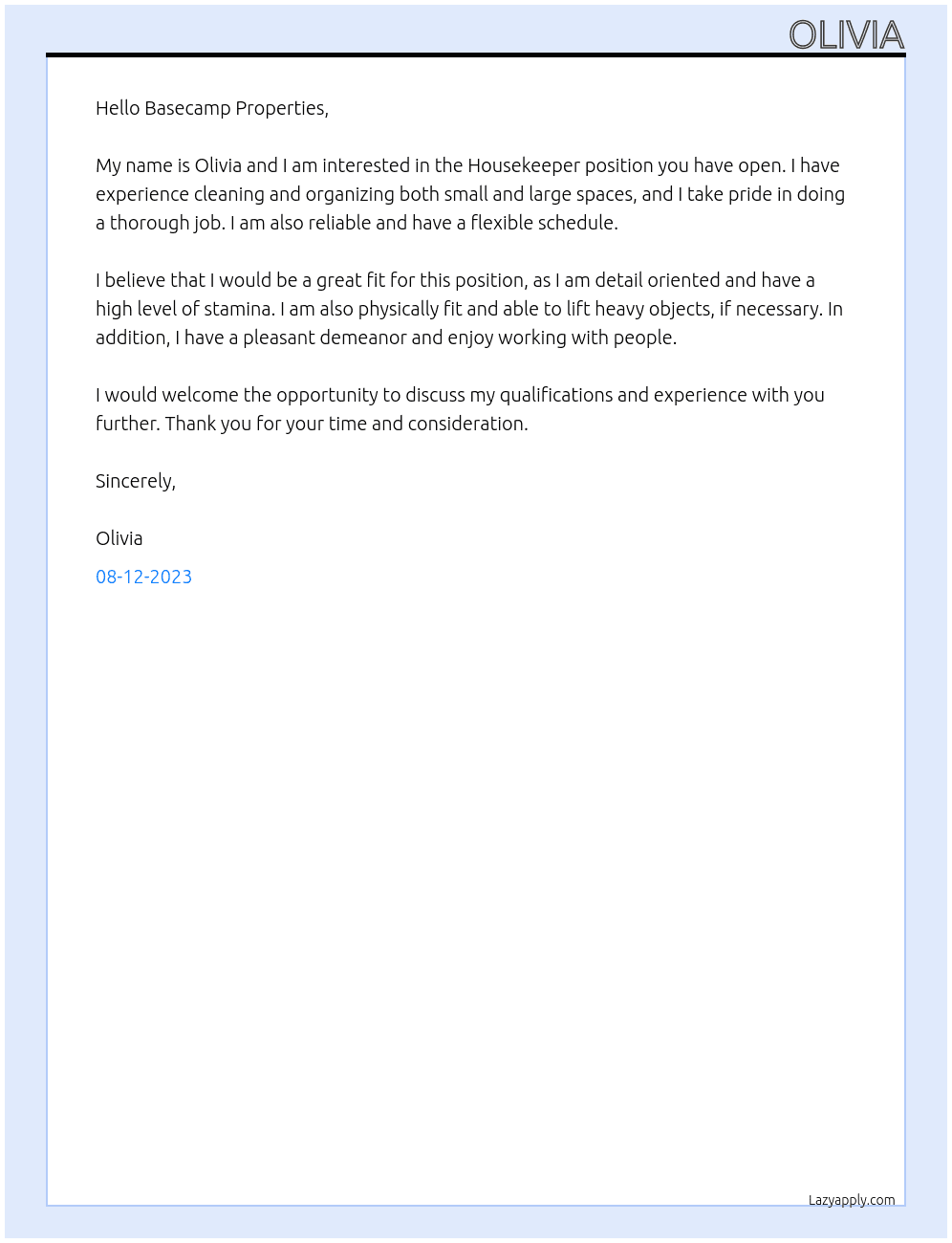 housekeeper At basecamp properties Cover Letter