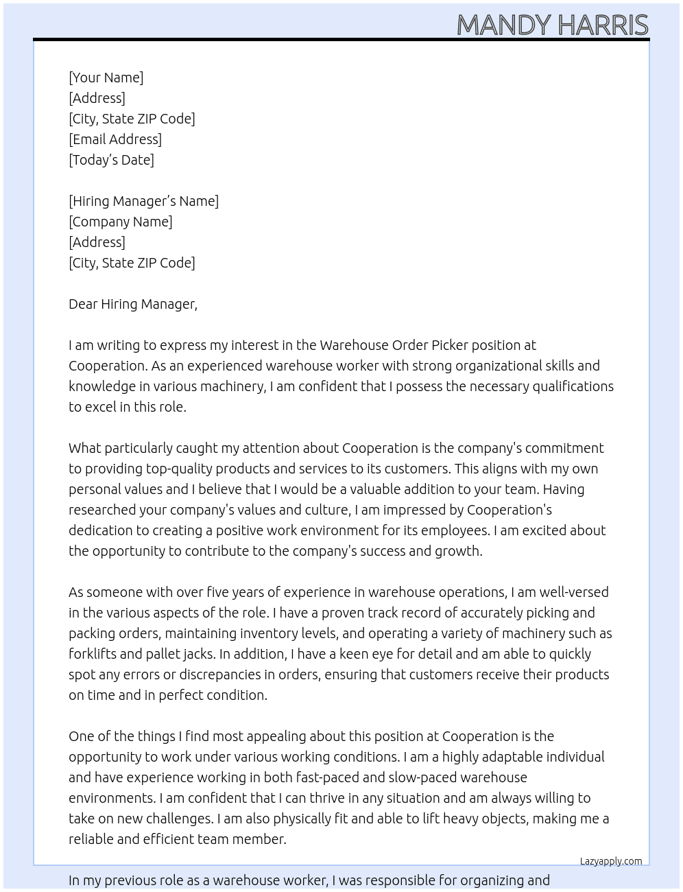 Warehouse Order picker At Cooperation  Cover Letter