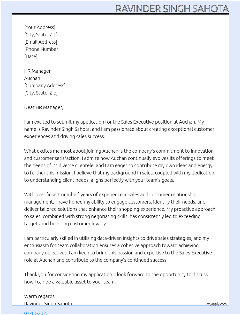 Sales executive  At Auchan Cover Letter