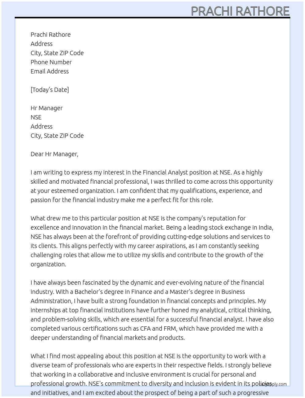 Financial Analyst At NSE Cover Letter