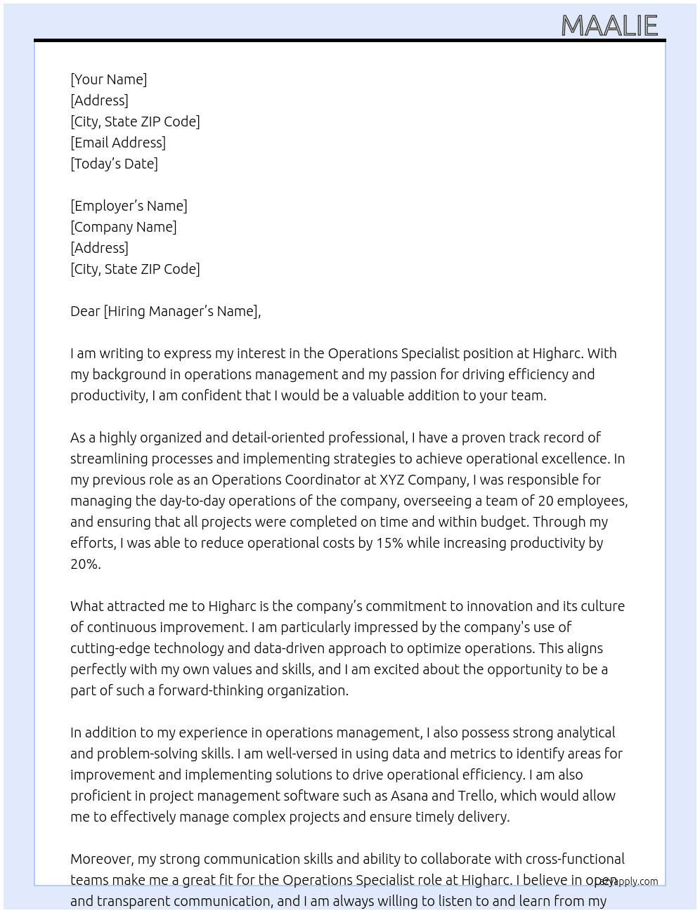 Operations Specialist At Higharc Cover Letter