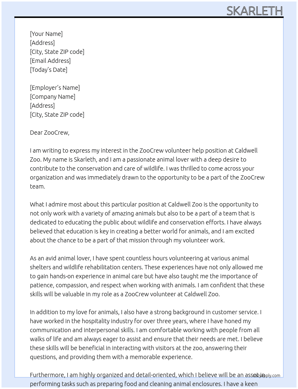 ZooCrew volunteer help At Caldwell Zoo Cover Letter