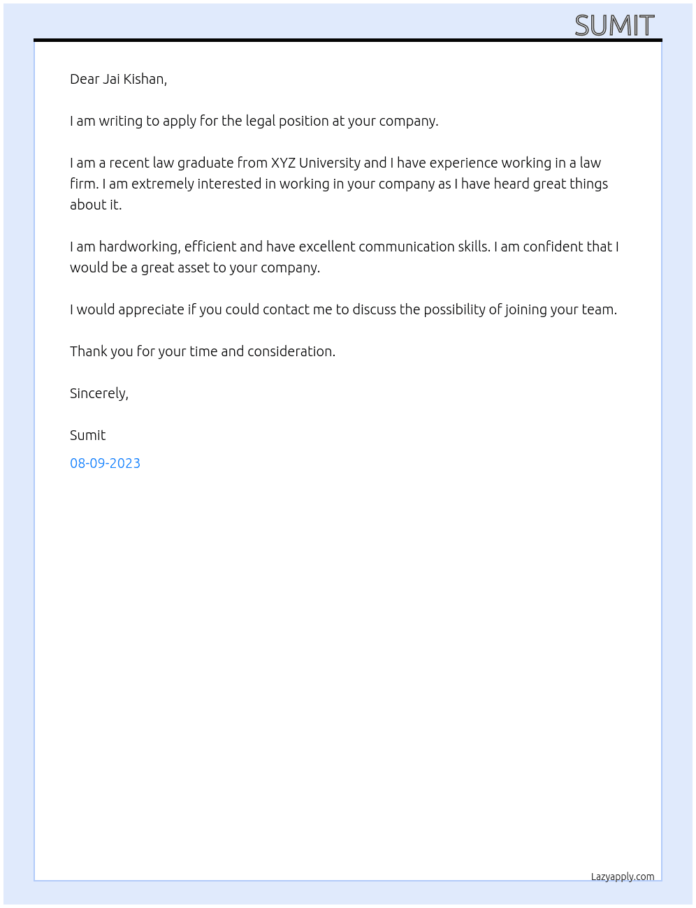 Legal  At Jai Kishan Cover Letter