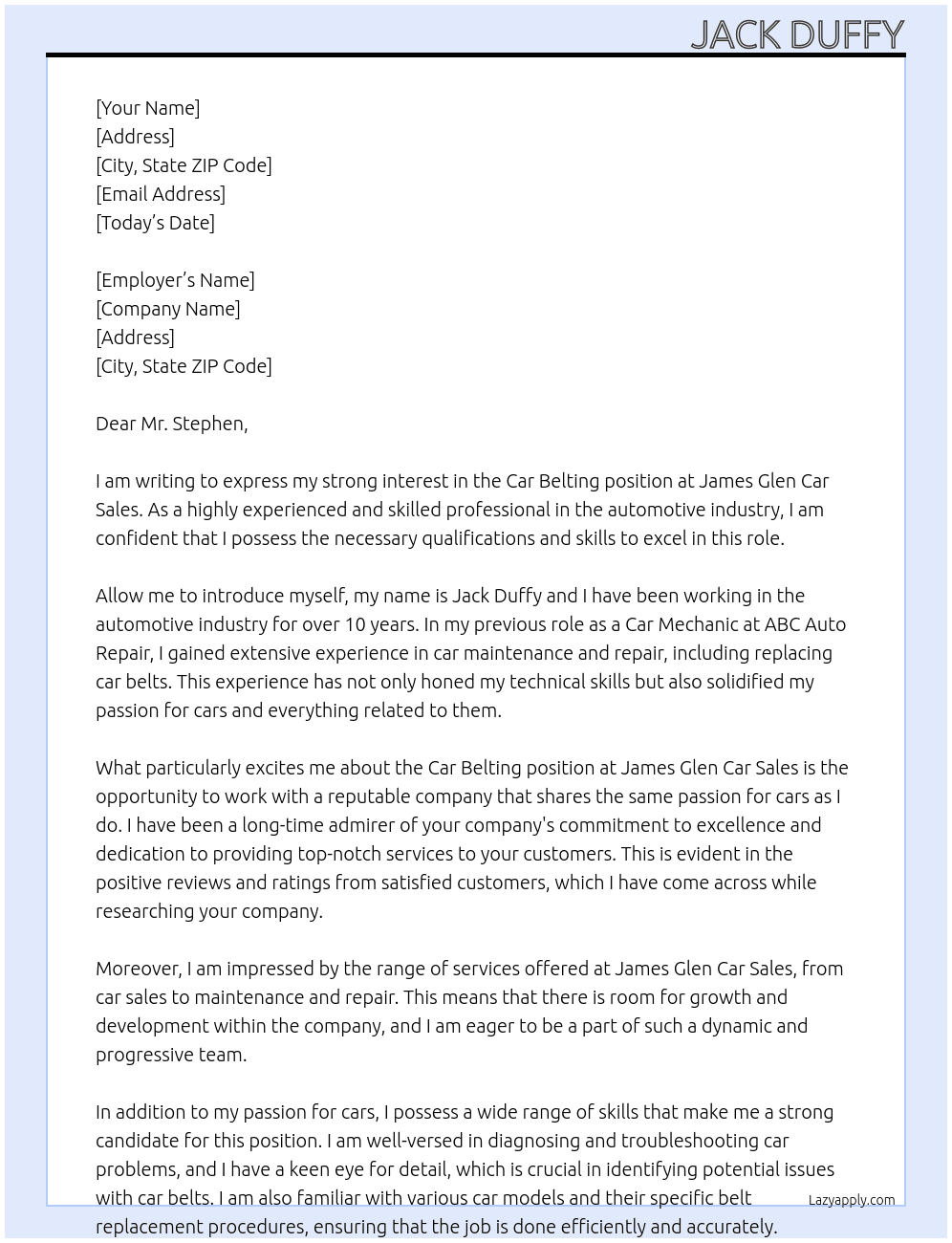 Car belting  At James glen car sales  Cover Letter