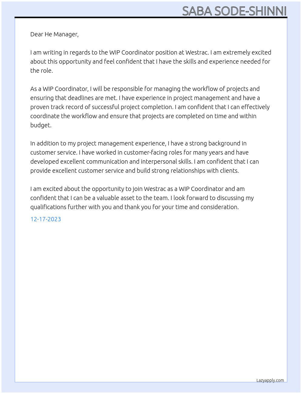 WIP Coordinator At Westrac Cover Letter