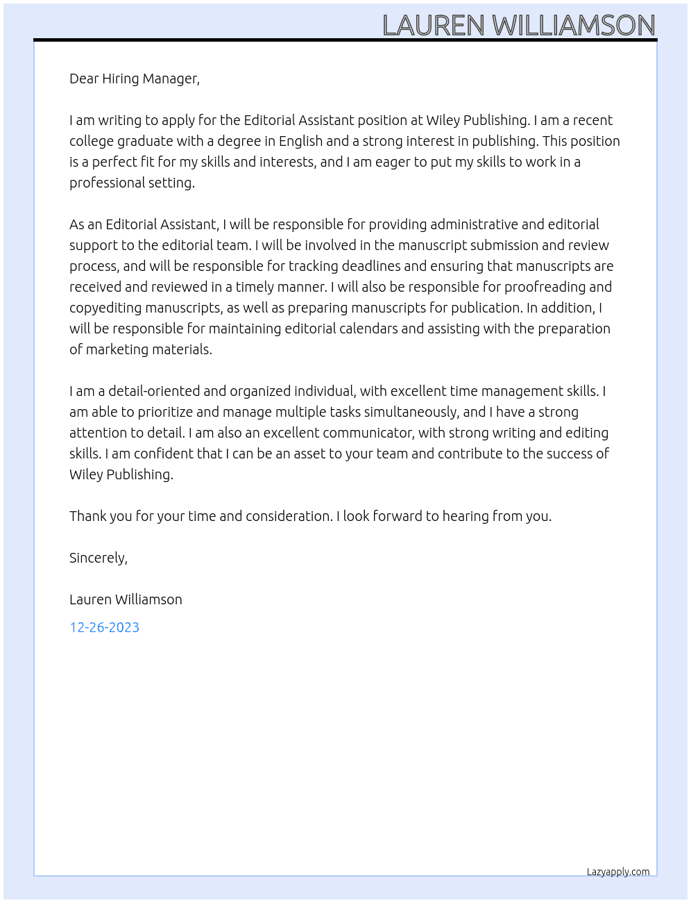 Editorial Assistant At Wiley Publishing Cover Letter