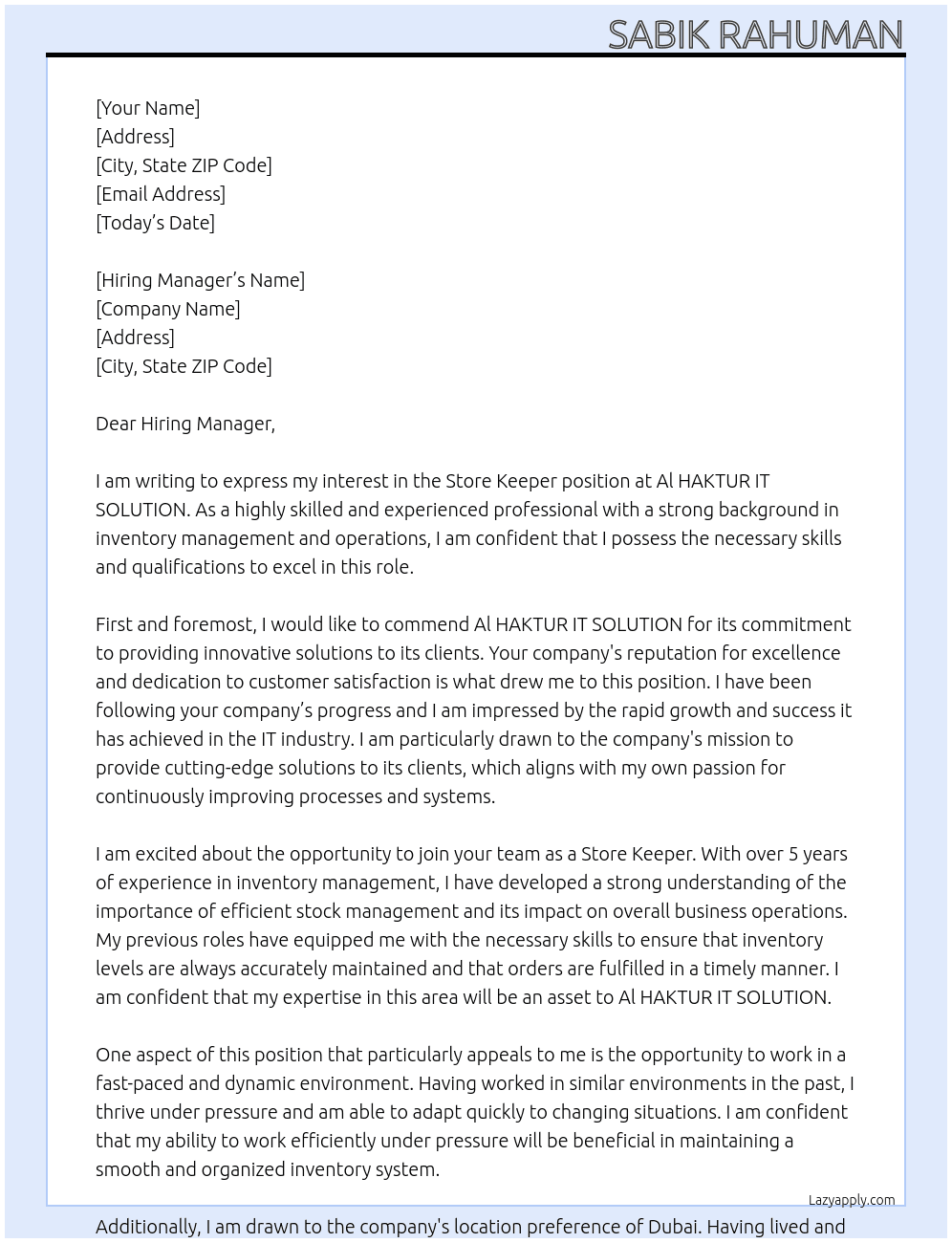 Store keeper At Al HAKTUR IT SOLUTION Cover Letter