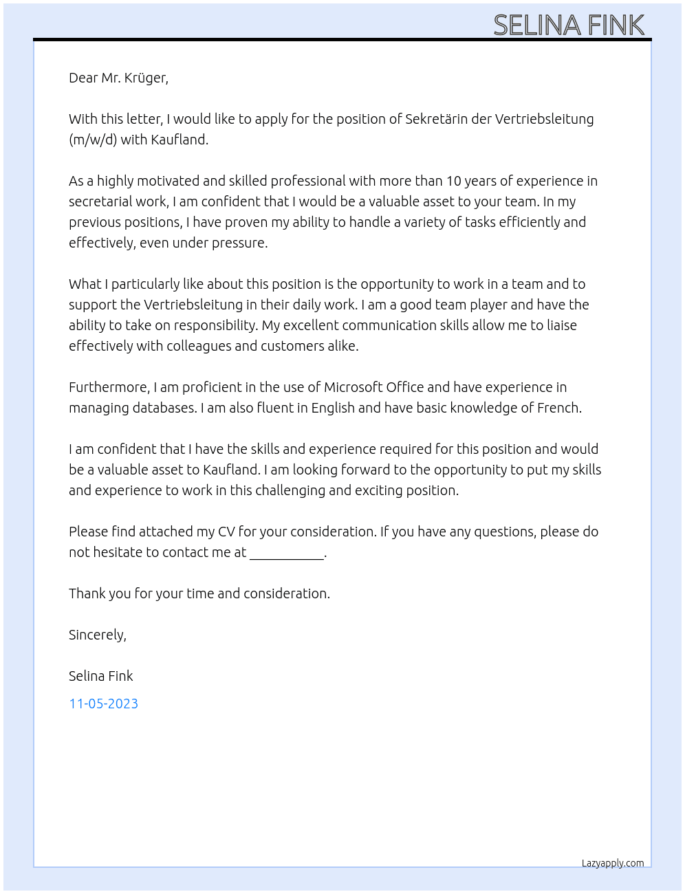 Sekretärin der Vertriebsleitung (m/w/d) At Kaufland  Cover Letter