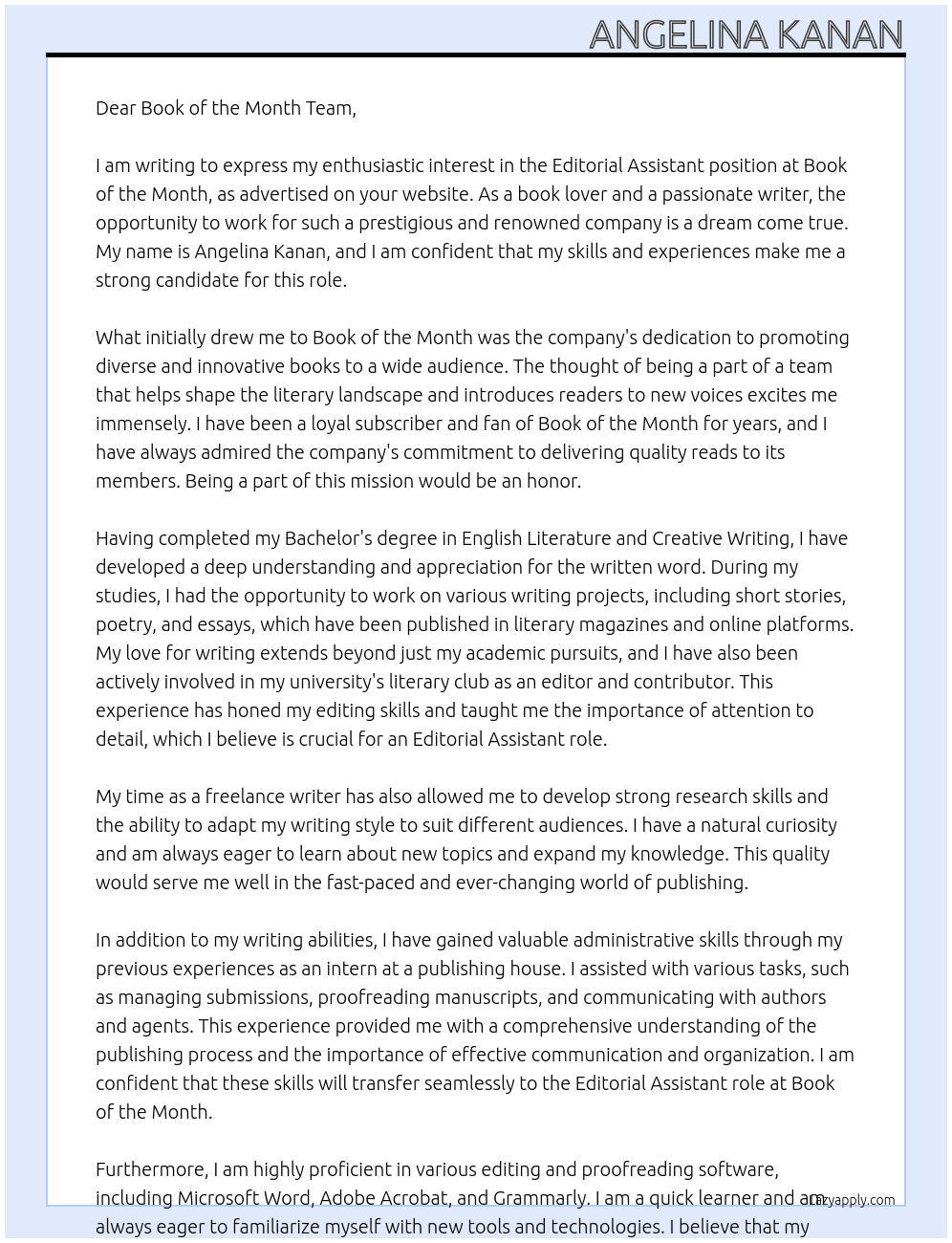 Editorial Assistant At Book of the Month  Cover Letter