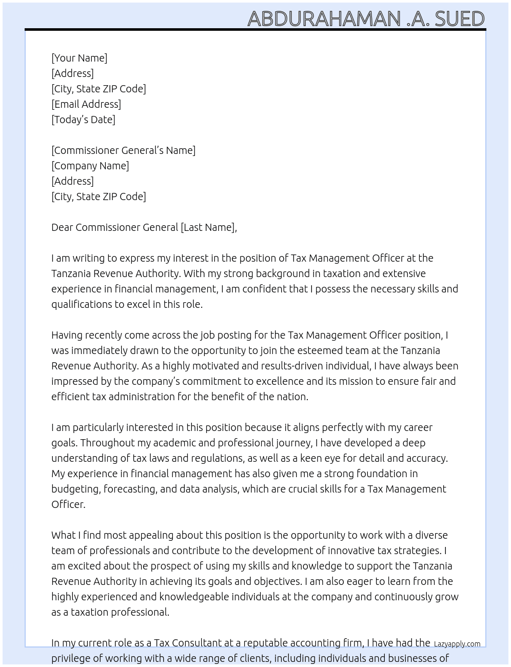 TAX MANAGEMENT OFFICER  At tanzania revenue authority Cover Letter