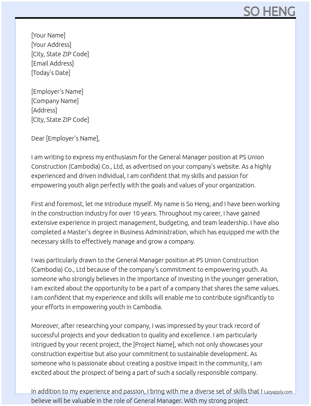 General Manager At PS Union Construction (Cambodia) Co., Ltd Cover Letter