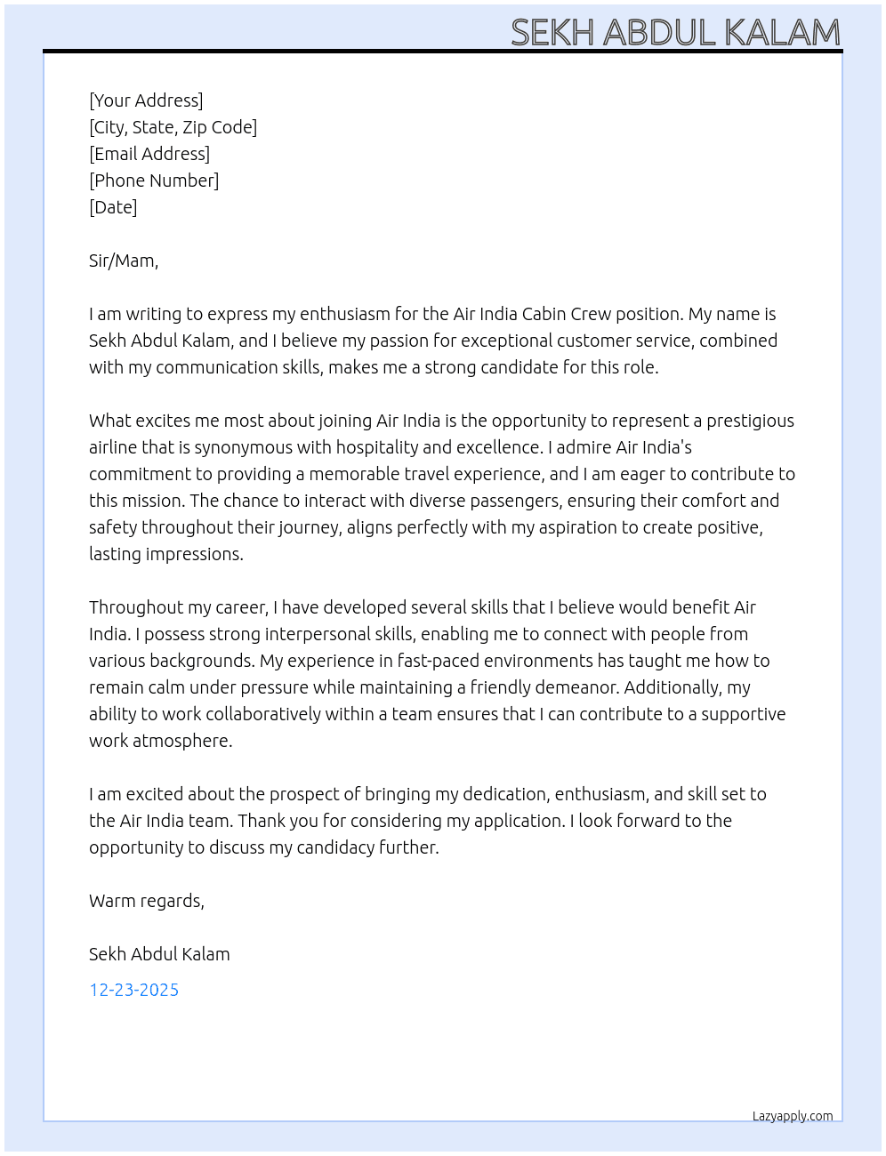 Cover letter for air india cabin crew - LazyApply