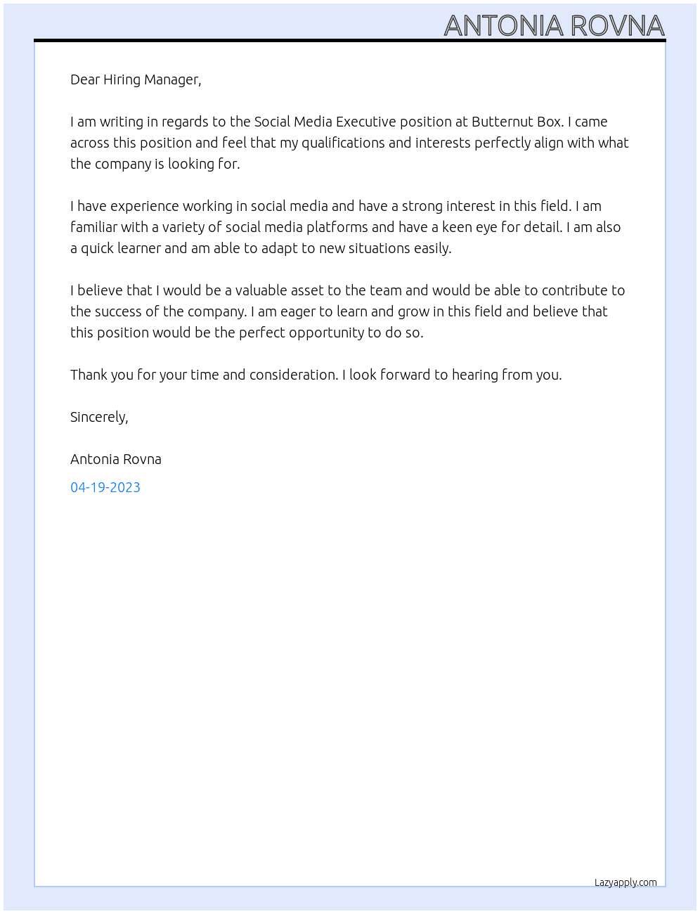 Social Media Executive At Butternut Box Cover Letter