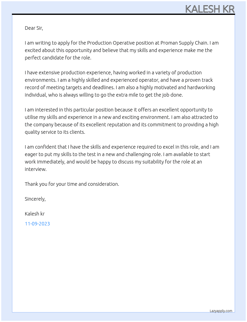Production Operative At Proman : Supply Chain : Team B Cover Letter