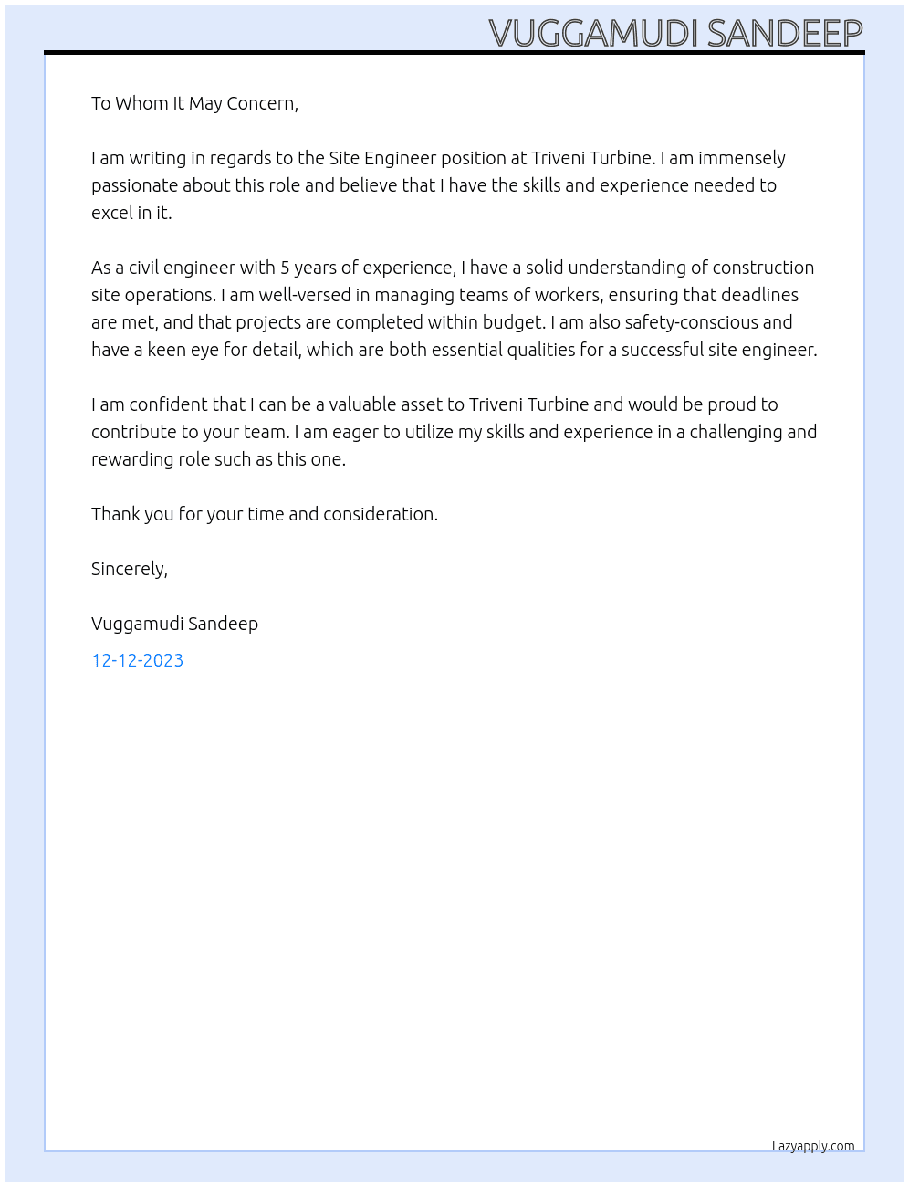Site engineer At Triveni turbine  Cover Letter
