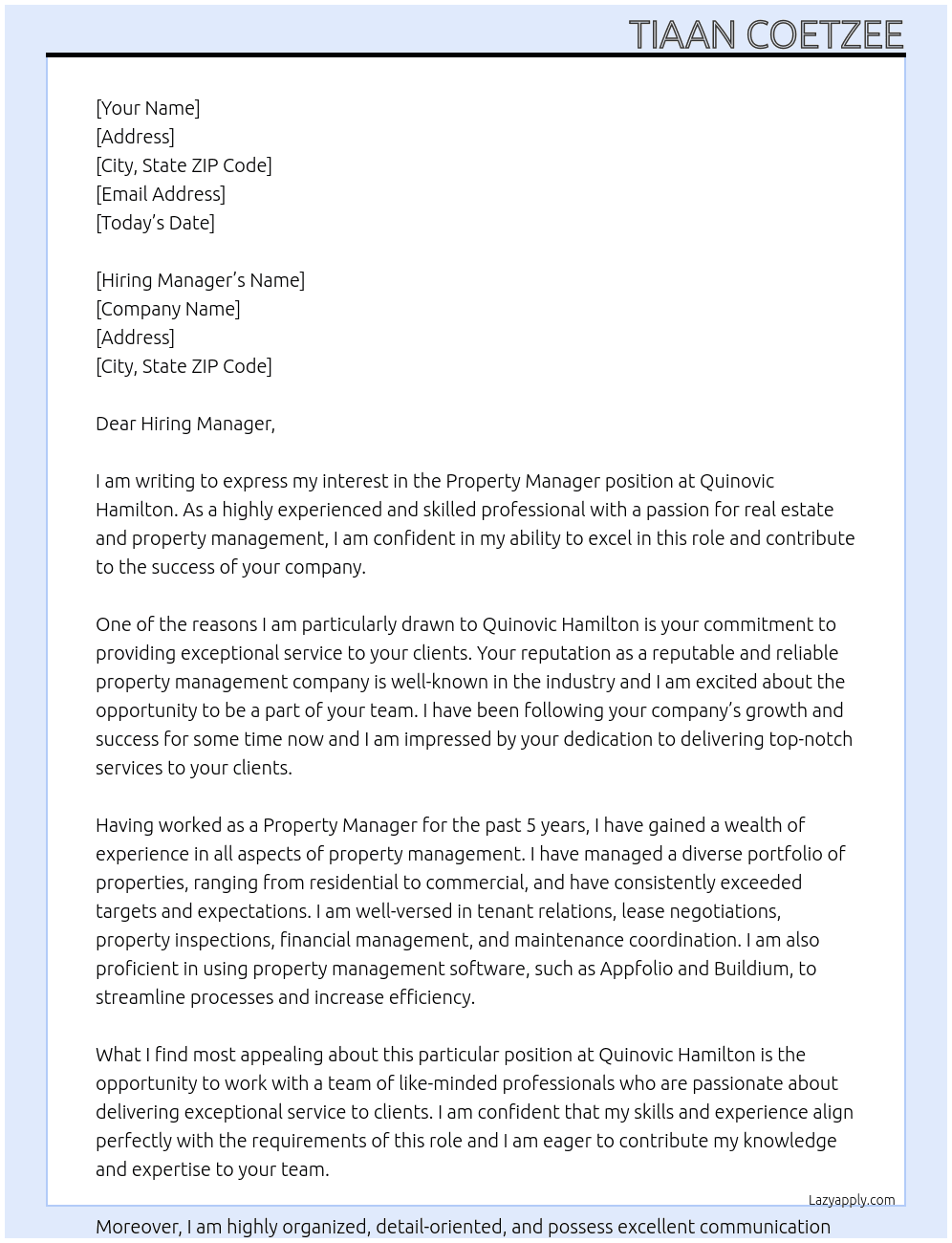 Property Manager  At Quinovic Hamilton  Cover Letter