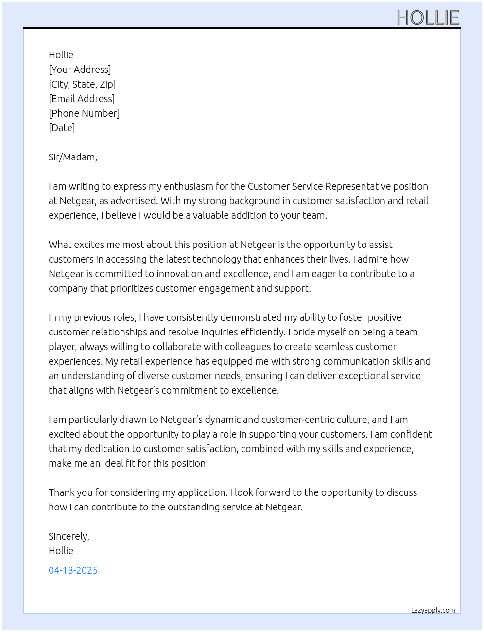 Customer service representative  At Netgear Cover Letter