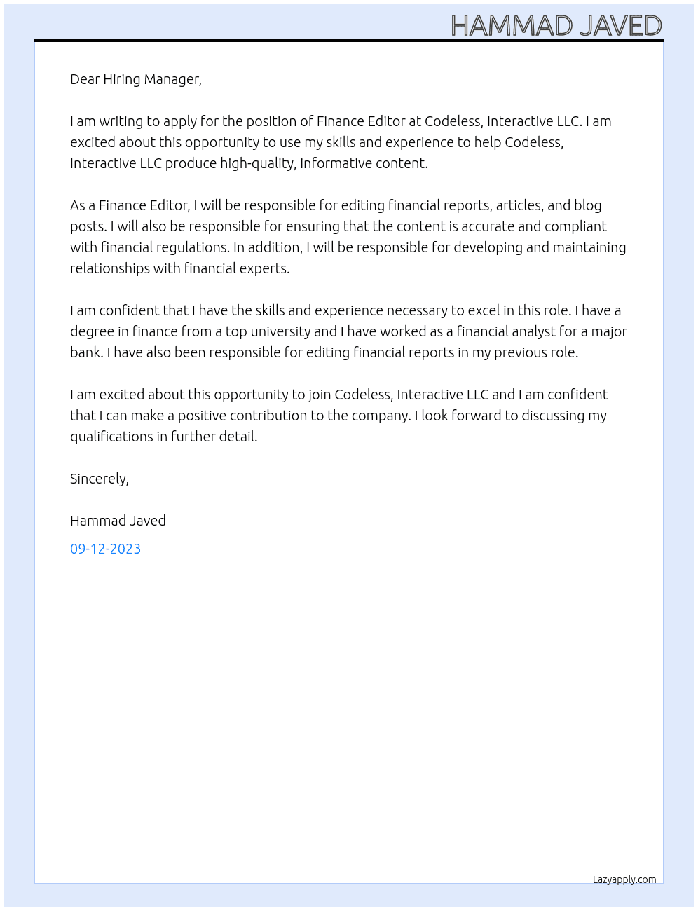 Finance Editor At Codeless, Interactive LLC Cover Letter