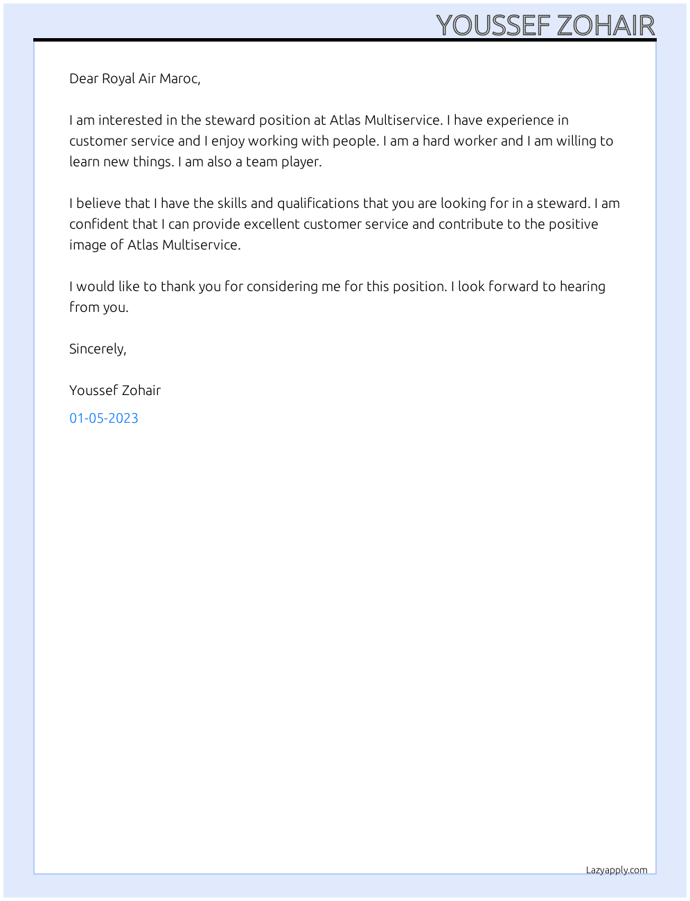 steward At Royal Air Maroc Cover Letter