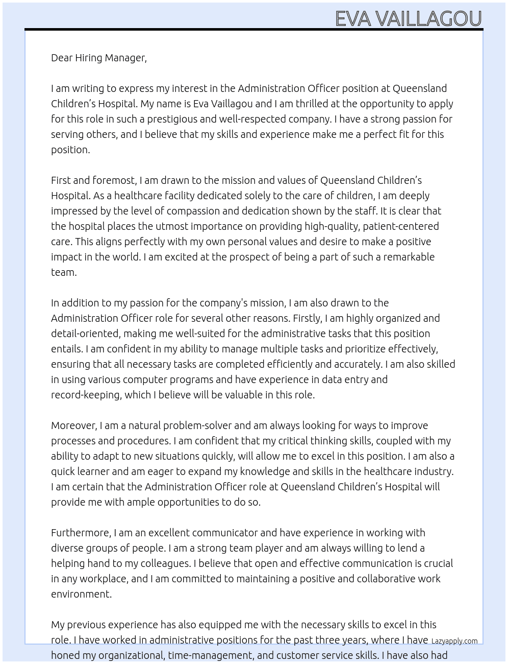 Administration Officer At  Queensland Children’s Hospital  Cover Letter