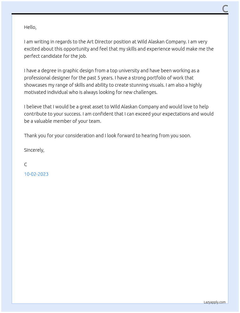 Art Director At Wild Alaskan Company Cover Letter