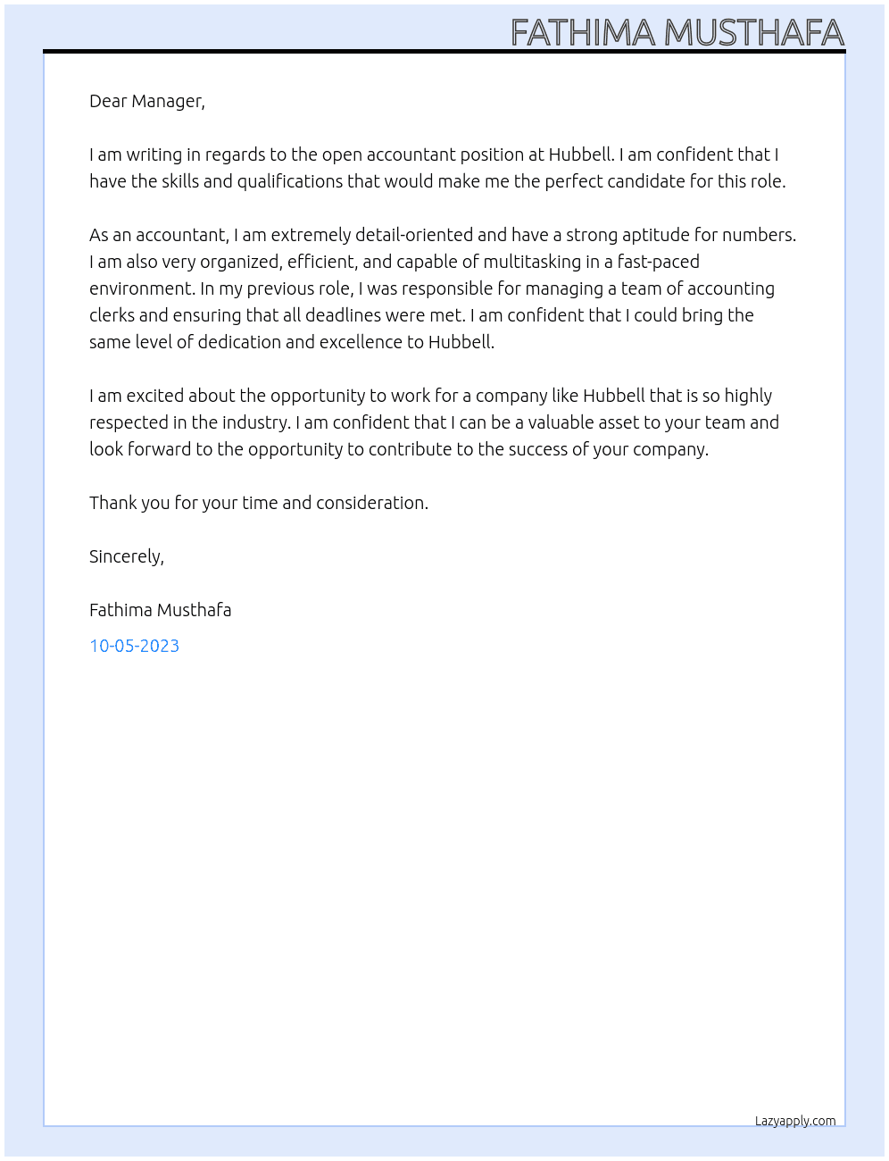 ACCOUNTANT At HUBBELL Cover Letter