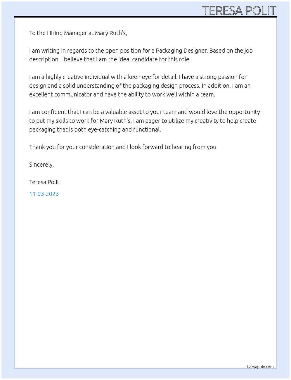 Packaging Designer At Mary Ruth’s Cover Letter