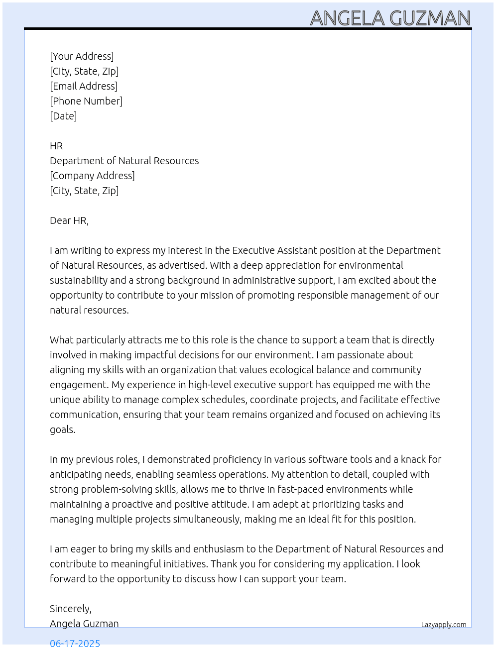 Executive Assistant At Department of Natural Resources Cover Letter