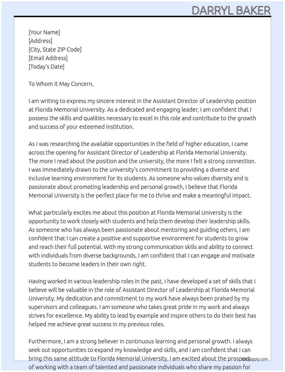 Assistant Director of Leadership At Florida Memorial University Cover Letter