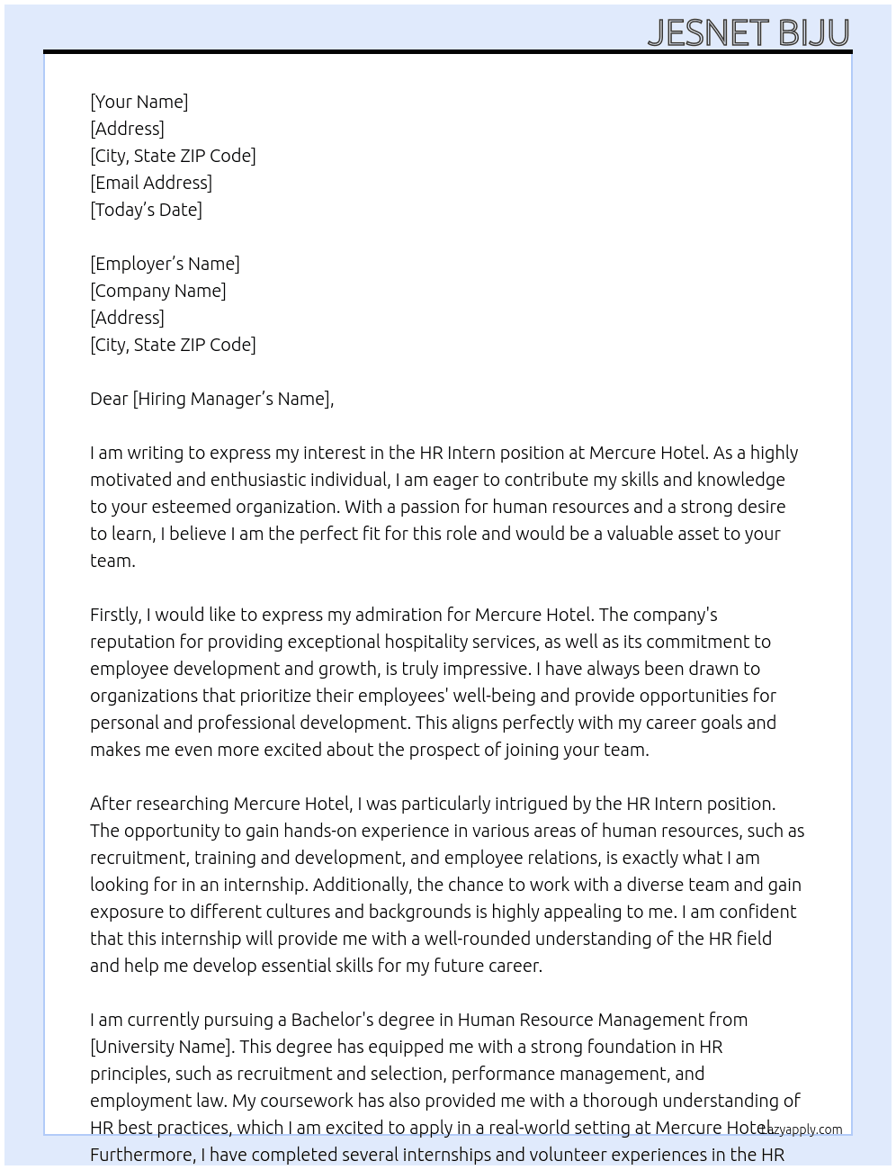 HR Intern  At Mercure Hotel Cover Letter