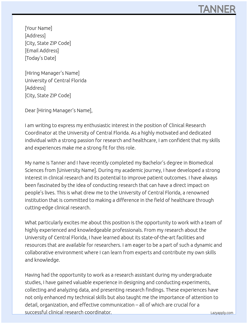 clinical research coordinator At University of Central Florida  Cover Letter