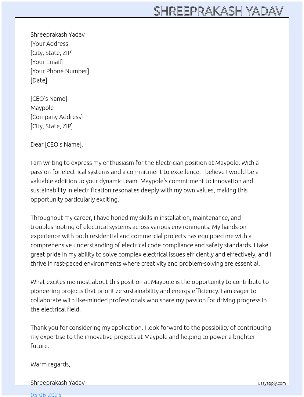 Electrician   At Maypole  Cover Letter